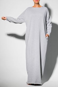 "Winter Kaftan Dress, Loose Maxi Dress, Long Sleeve Dress Our new design for Fall Winter Collection 2018 - Grey long sleeve dress in casual style. This Long dress is everything the winter wardrobe staple should be - it's beautiful, warm, cozy, comfortable and versatile. This winter dress has a slightly loose silhouette and is made from fluffy , thick cotton blend that feels silky soft against your skin. Straight forms , elegant silhouette, comfy feel, beautiful look ! FABRIC : Thick, fluffy, win Gray Long Sleeve Dresses With Relaxed Fit, Gray Cotton Winter Dress, Oversized Gray Fall Dress, Gray Dress For Fall Loungewear, Gray Dress For Loungewear In Fall, Gray Loungewear Dress For Fall, Gray Fall Loungewear Dress, Casual Oversized Gray Dress, Oversized Cozy Long Sleeve Dresses