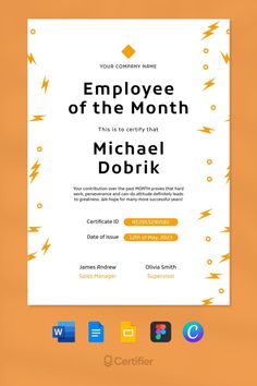 the employee of the month certificate is displayed on an orange background with icons and symbols