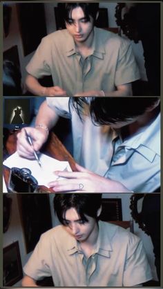 two pictures of a man signing something in his hand