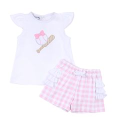 This Batter Up Applique Ruffle Flutters Toddler Short Set is the perfect balance between feminine charm and sporty edge. Crafted from lightweight cotton and adorned with delicate ruffles and flutter sleeves, this two-piece set is a refined statement for your little one. The sophisticated baseball applique adds a hint of playfulness for a luxury look that's truly unique. Casual Ruffle Hem Sets For Spring, Casual Spring Sets With Ruffle Hem, White Ruffled Cotton Sets, White Cotton Ruffled Sets, White Cotton Sets With Ruffles, Summer Casual Sets With Ruffle Hem, Casual Summer Sets With Ruffle Hem, Cute Ruffled Playwear Sets, Cute Ruffled Sets For Playwear