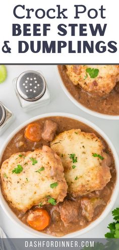 two bowls filled with crock pot beef stew and dumplings