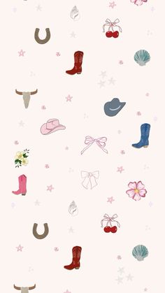 an image of cowboy hats and boots on a white background with stars, flowers and shells