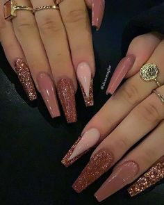 A Nail Design, Nude Coffin Nails, Long Acrylic Nail Designs, Rose Gold Nails, Nails Fashion, Long Acrylic Nails Coffin, Acrylic Nails Coffin Pink, Long Square Acrylic Nails, Bling Acrylic Nails