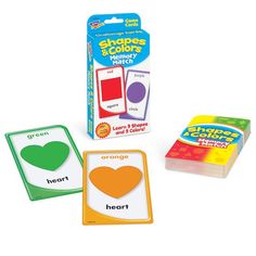 three cards with the words shapes and colors in front of each other on a white background