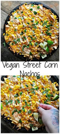 two pictures showing the process of making mexican street corn nachos with fresh ingredients