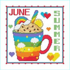 a cross stitch pattern with a cup of ice cream in it and the words june