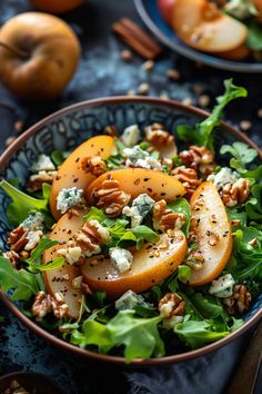 Salad with arugula, sliced pears, blue cheese crumbles, and walnuts. Arugula Pear Gorgonzola Salad, Pear Walnut Gorgonzola Salad, Pear Garganzola Salad, Pear And Gorgonzola Salad, Speciality Salads, Gourmet Salad Recipes, Walnut Gorgonzola Salad, Pear And Gorgonzola, Coconut Curry Chicken Recipes