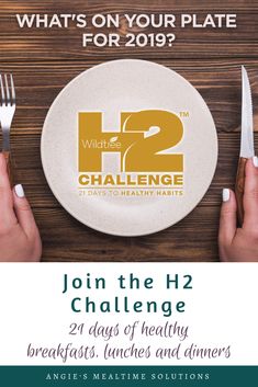 two hands holding forks and knifes over a plate with the h2 challenge logo on it