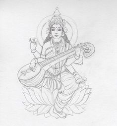 Sarasvati Ma Drawing, Saraswati Pencil Sketch, Saraswati Drawing Art, Maa Saraswati Drawing Sketch, Vishnu Drawing Easy, Saraswati Puja Drawing, Vishnu Sketch