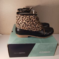 Magellan Outdoors Women's Shoes Boots Leopard Print Duck/Rain And Snow Boots New Inbox Great Condition Magellan Shoes, Boots Leopard, Outdoor Woman, Rain And Snow Boots, Black Tan, Black And Tan, Lace Up Boots, Boot Shoes Women, Snow Boots