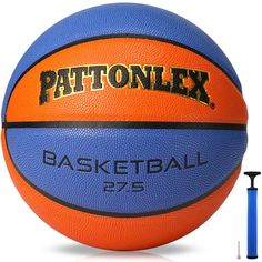 an orange and blue basketball with the words pattonlex on it next to a marker