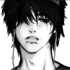 an anime character with black hair and piercings on his ears, staring at the camera