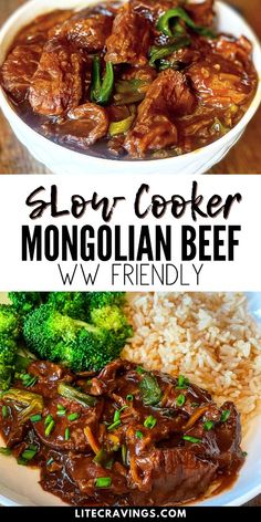 slow cooker beef and rice with broccoli on the side