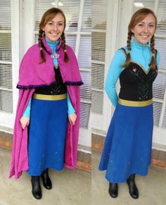 two pictures of a woman in different outfits, one is wearing a purple coat and the other has a blue dress