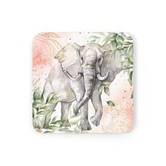 an elephant with flowers and leaves on it's back is shown in this square coaster