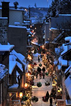 two people walking down a snowy street with christmas lights on the buildings and walkways