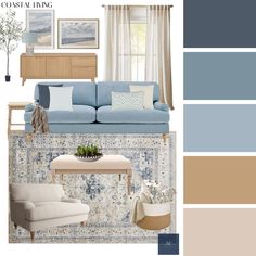 a living room with blue and beige colors