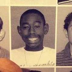 four men are shown in black and white mug shots, one is holding an orange