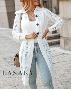 Lasaky - Classic Long Sleeve Cardigan with Buttoned Hollow Out Detail Wedge Snow Boots, Longline Cardigan, Women Sleeve, White Cardigan, Crop Top Blouse, Sleeve Cardigan, Long Cardigan, Long Sleeve Cardigan, Olivia Mark