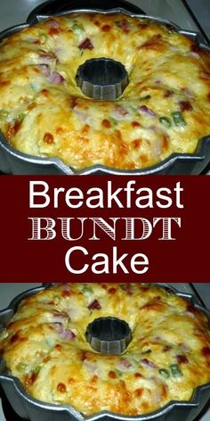 two pans filled with baked breakfast food sitting on top of a stove next to each other