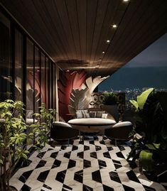 a living room with black and white tile flooring next to a plant filled wall