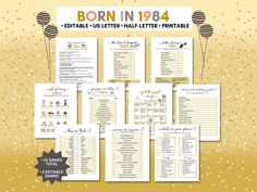 the born in 1934 printable list is shown with balloons and gold confetti