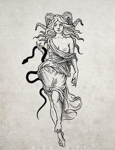 a drawing of a woman holding a snake