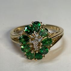 Excellent Condition 10k Yellow Gold Emerald And Diamonds Ring. Size 7.5-7.75 Offers Welcome Luxury Vintage Green Cluster Ring, Vintage Emerald Rings 1stdibs, Vintage Emerald Cabochon Ring Collectible, Vintage Hallmarked Emerald Jewelry, Vintage Multi-stone Emerald Ring In 14k Gold, Womens Jewelry Rings, Diamond Rings, Emerald, Diamond Ring