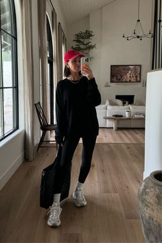 If you're wanting to freshen up your fall wardrobe, I'm a sucker for a cozy casual outfit. This monochrome look is perfect for running errands. Sneakers are always a good idea! Earrings are Eclatant Hat is from Italy sweater is Ethernet but linking a similar red ball cap. Tap to shop this look! Aerie Athleisure, Red Cap Outfit, Fall Leggings Outfit, Red Hat Outfit, Casual Sunday Outfit, Ball Cap Outfit, Breakfast Outfit, Workout Outfits Winter