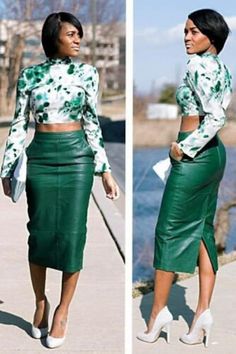 Green Leather Skirt, Work Outfits Frauen, Cocktail Skirts, Chique Outfit, Green Mini Skirt, Rock Outfit, Leather Skirts