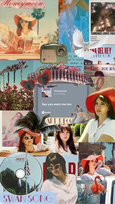 the collage has many different pictures and words on it, including an image of a woman in a red hat