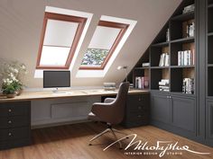 an office with two windows and a desk in front of some bookshelves on the wall