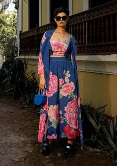 Paulmi & Harsh-Blue Blooming Big Floral Jacket And Palazzo Set-INDIASPOPUP.COM Paulmi And Harsh, Trendy Outfits Indian, Floral Print Jacket, Big Floral, 1950’s Fashion, New Saree Designs, Palazzo Set, Diy Fashion Clothing, Indian Bridal Fashion