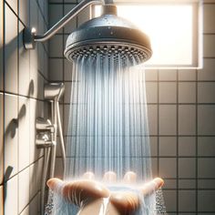 a person's hands under a shower head with water coming from the faucet