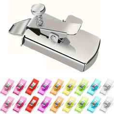 a colorful lighter with lots of different colored clips on it's top and bottom