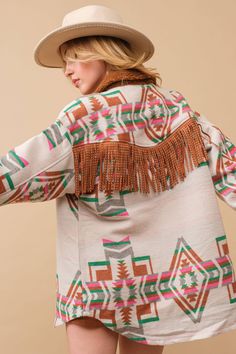 FINAL SALE! Jacquard Aztec Sherpa Collared Button Up Western Shirt Jacket features adorable brown fringe across the back with matching collar. Fuchsia and green pattern on ivory background shacket for cowgirls. Brown Fringe, Aztec Style, Ivory Background, Aztec Fashion, Western Shirt, Green Pattern, Western Shirts, Western Fashion, Shirt Jacket