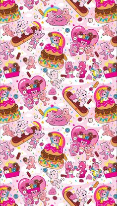 a pink wallpaper with many different cartoon characters and food items on it, including donuts