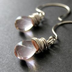 Wire Wrapped Earrings: Pale Pink Clear Teardrop Earrings in Silver. Handmade Jewelry. Gold Wire Wrapped Earrings, Black Cat Necklace, Briolette Earrings, Pink Drop Earrings, Diy Bangle Bracelets, Teardrop Jewelry, Handmade Jewelry Earrings, Earrings Wire, Wrapped Earrings