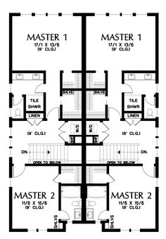 two story house plan with three levels and master's bedroom on the second floor