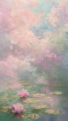 a painting of water lilies and clouds in pastel pinks, greens and blues