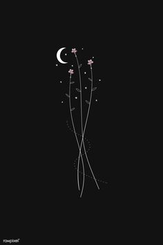 some pink flowers on a black background with the moon in the sky above them and stars