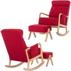 two red chairs and a rocking chair on a white background