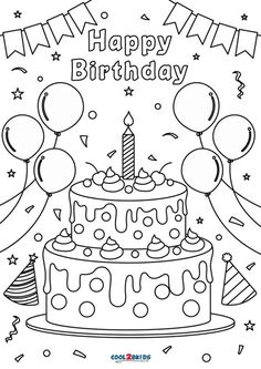 a birthday cake with balloons and confetti on it, in black and white