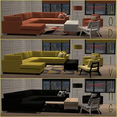 three different types of couches and chairs in the same room, one is yellow