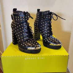 Black Leather With Metal Studs In A Size 9 Gianni Bini Shoes, Killer Heels, Studded Leather, Gianni Bini, Lace Up Boots, Black Lace, Leather Boots, Black Leather, Casual Outfits