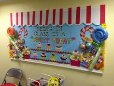 a classroom wall decorated with candy and candies