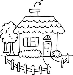 a house with a fence and trees on the outside coloring pages for kids, free printable