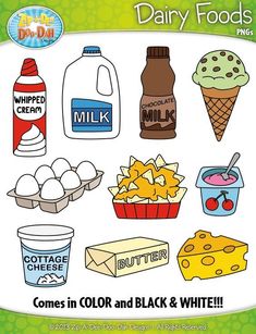 Description Dairy Foods Clipart SetIncludes 20 GraphicsYou will receive 20 clipart graphics that were hand drawn by myself10 Colored Graphics and 10 B/W Outlined GraphicsPlus all graphics come in color and black/white outlinesPlease see the list below and all preview images for detailsThe graphics are high resolution (300 DPIwhich means you to enlarge them without causing pixelationThis set will include BOTH Color and Black and White OutlinesFiles are provided in only .png images(white backgrou Foods Clipart, Dairy Foods, Nutrition Month, Nutrition Quotes, Food Clipart, Food Pyramid, No Dairy Recipes, Fun Cooking