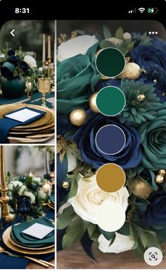 an image of a table setting with blue flowers and gold accents on the place settings