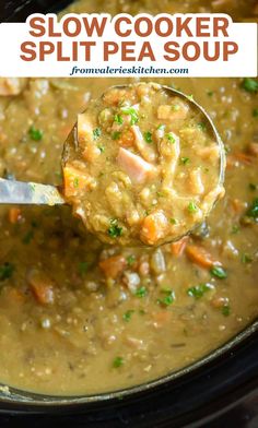 slow cooker split pea soup in a crock pot with a ladle scooping out